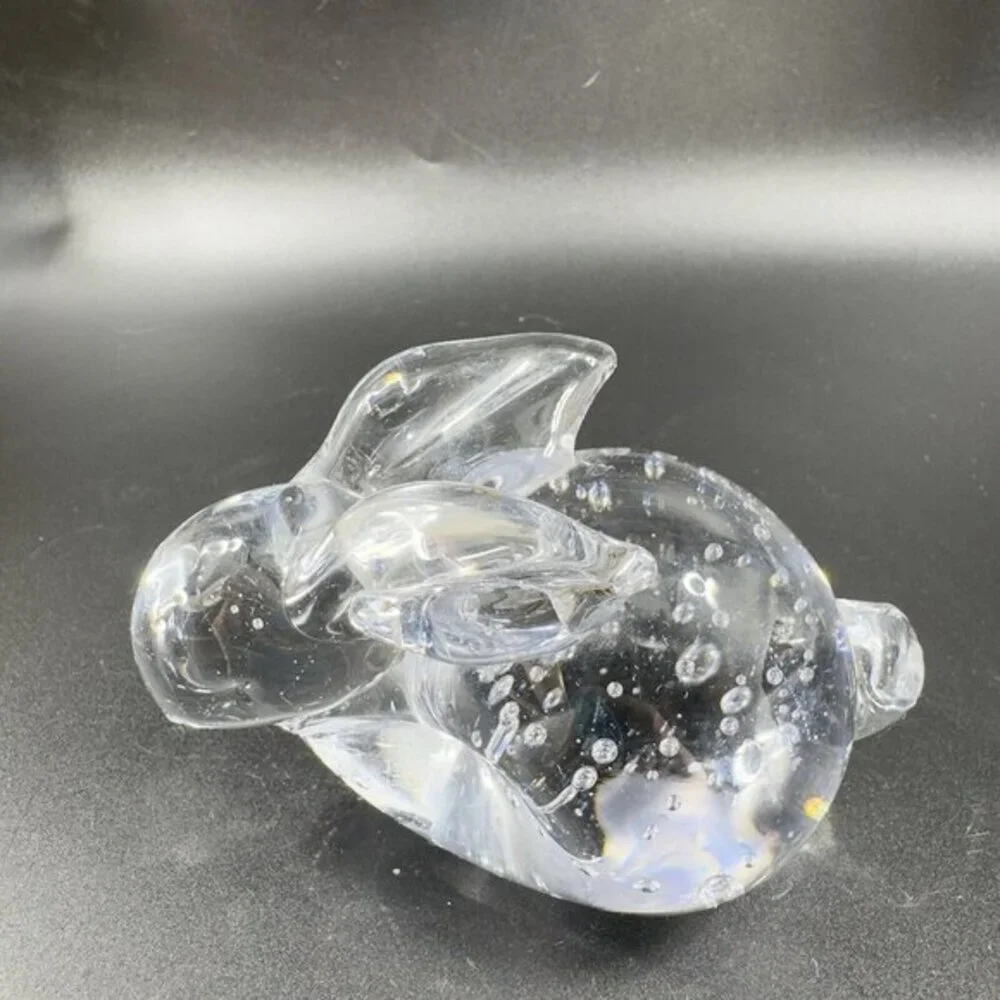 Vintage 1980s Clear Glass Bunny Figurine Paperweight‎ With Small Bubbles Figure